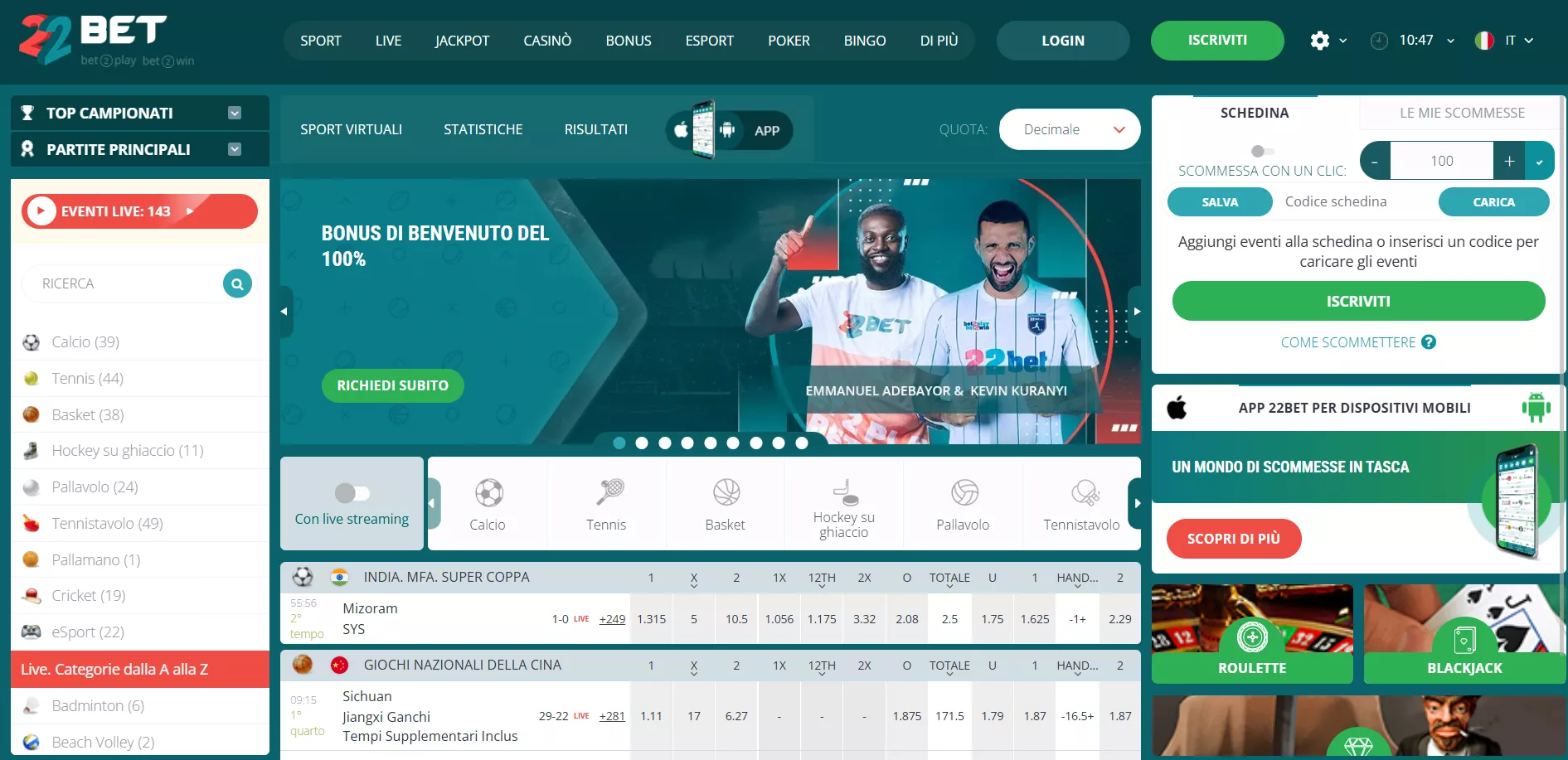 22bet Pagina principale